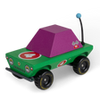 Colorful wooden toy truck with green body, purple cabin, and number 4 racing decals on chunky all-terrain tires.