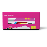 Pink Racer 62 Candylab wooden toy car in pink packaging with a retro 1960s aesthetic and vibrant racing stripes.
