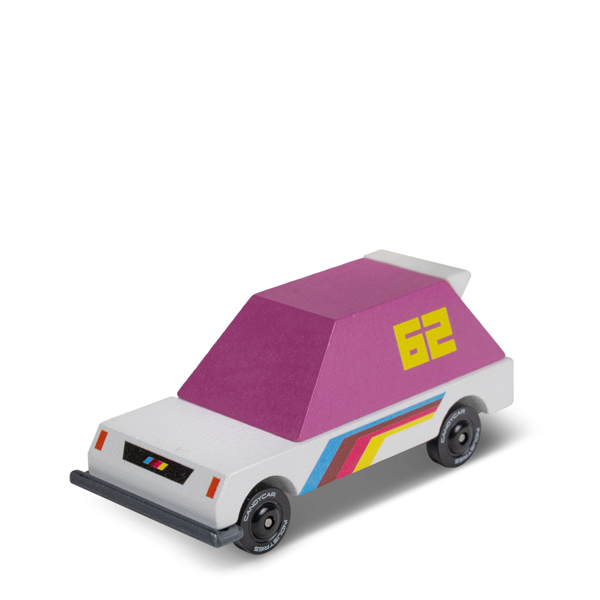 Pink wooden toy car with number 62 and retro stripes, Candylab Candycar Toons racer collectible for kids.