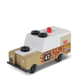 Candycar Gira Drifter wooden toy truck with giraffe print, white camper top, and spare tires on a white background.