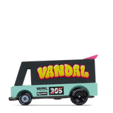 Side view of a Candylab Candycar Seafoam Vandal wooden toy van with colorful graffiti graphics and black wheels.