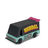 Wooden toy Vandal Van in seafoam green and black with pink spoiler and yellow "Vandal" graffiti text on a white background.