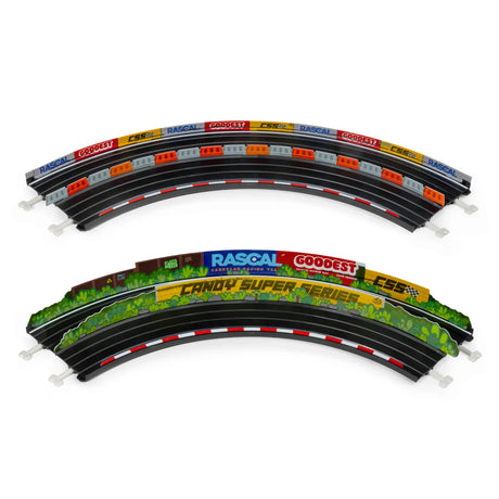 Candylab Roadworks 90-degree turn track expansion 2-pack with colorful race guardrails and toy car track connectors.