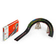 Candylab Roadworks Banks turn add-on kit with wooden supports and packaging box, featuring a curved two-lane toy race track.