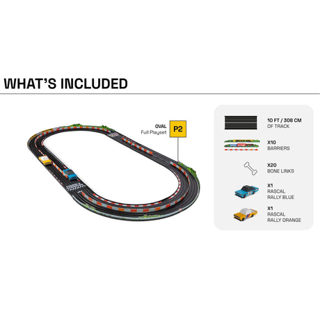 Candylab Roadworks Oval Speedway playset diagram showing 10ft track, 10 barriers, 20 bone links, and 2 toy rally cars.