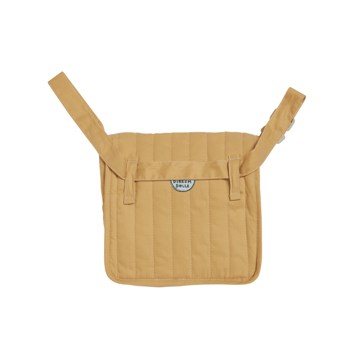 Back view of a honey yellow quilted convertible doll changing bag with adjustable straps.