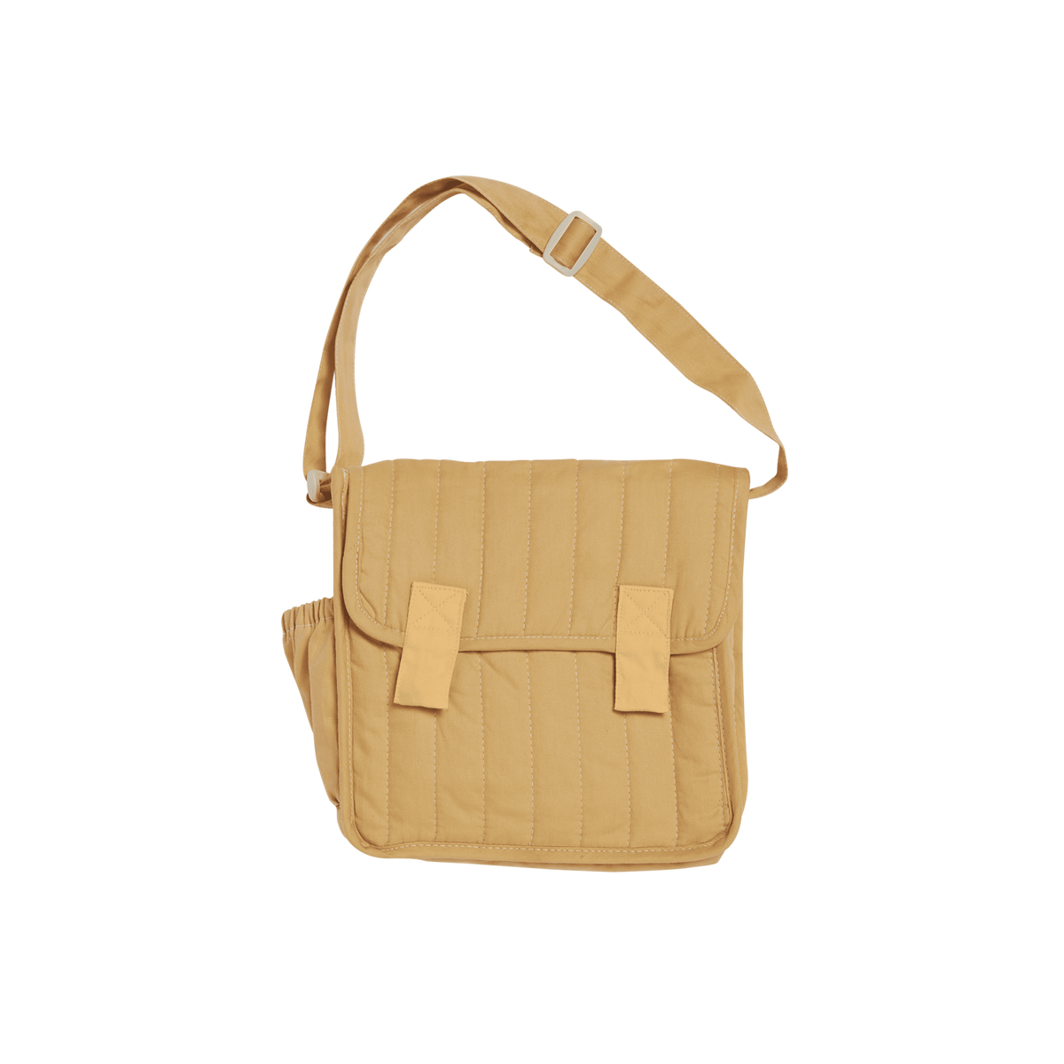 Honey-colored quilted convertible diaper changing bag with adjustable shoulder strap.