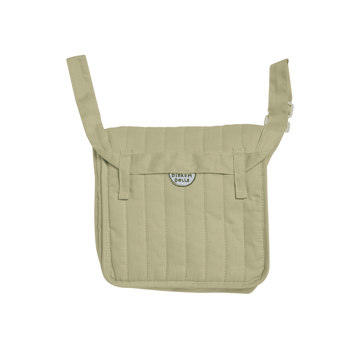 Sage green Dinkum Dolls convertible changing bag with quilted vertical stripes and adjustable strap.