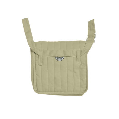 Sage green Dinkum Dolls convertible changing bag with quilted vertical stripes and adjustable strap.