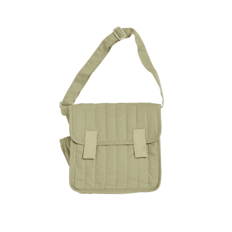 Sage green quilted convertible diaper changing messenger bag with adjustable shoulder strap.