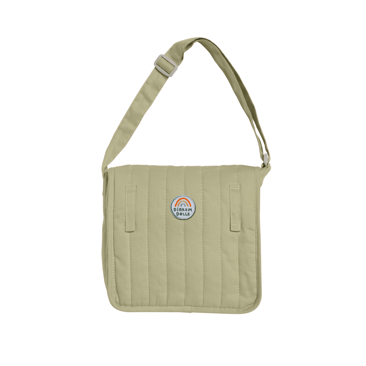 Sage green quilted Dinkum Dolls Carrie convertible changing bag with shoulder strap.