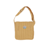 Honey yellow quilted doll changing bag with an adjustable shoulder strap and rainbow logo.