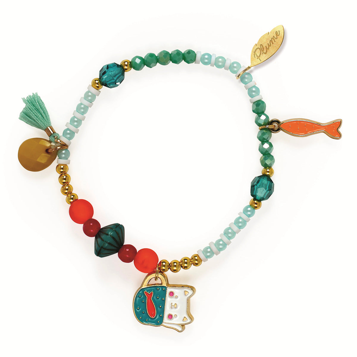 Amaya cat collection beaded charm bracelet with enamel cat and fish pendants in teal red and gold for girls.