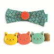 Nina cat collection set of 2 hair clips with teal bow pom pom and triple cat face charms in yellow orange mint.