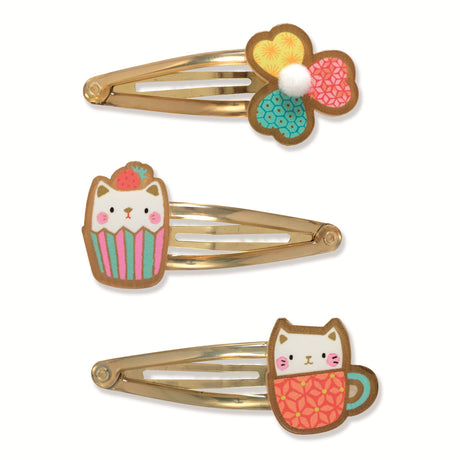 Cat themed hair clip set with flower, cupcake cat and teacup cat designs on gold snap clips.
