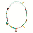 Mia cat collection beaded necklace with enamel cat cupcake and fish charms in teal red and gold for girls.