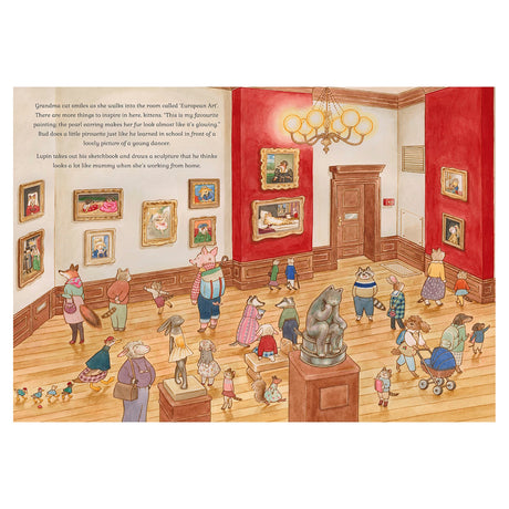 Illustrated children's book page showing characters viewing artwork and sculptures in a museum gallery.