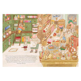 Illustrated children's book page showing characters shopping in a crowded village store with shelves and goods.