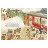 Illustrated scene of anthropomorphic animals on a train platform. A steam train puffs smoke. Animals in winter attire bustle, carrying luggage. Joyful reunion vibe. Text reads “8 days till Christmas.”