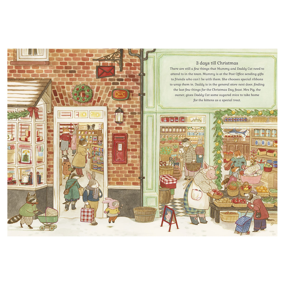 Illustration of an animal village preparing for Christmas. Animals shop and walk in a snowy, festive street lined with storefronts decorated with wreaths.