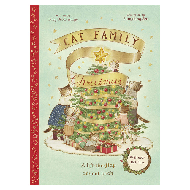 Illustrated book cover titled "Cat Family Christmas" shows cats decorating a Christmas tree with ornaments and a golden star, creating a joyful, festive scene.