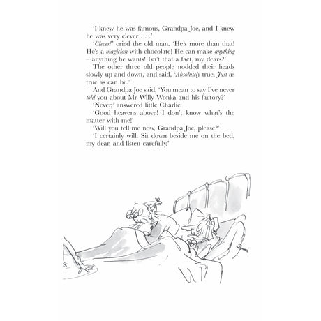 Book page with text about Willy Wonka and an illustration of Charlie sitting by the bed with his grandparents.