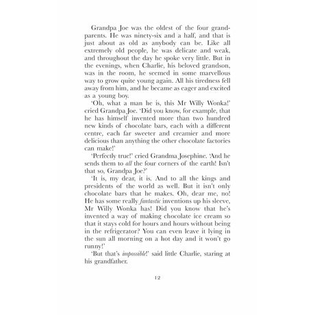 A book page showing text where Grandpa Joe talks about Willy Wonka's incredible chocolate inventions.