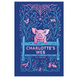 Charlotte's Web book cover featuring a pink pig, spider web, and farm animals in a blue and pink folk-art style.