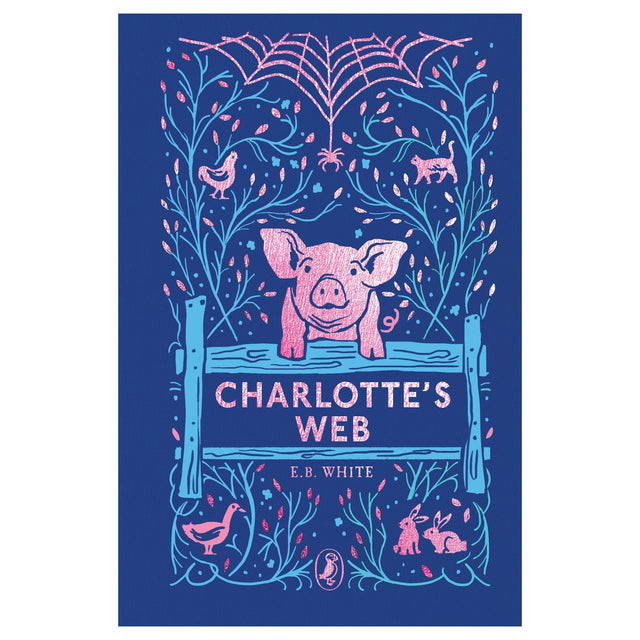 Charlotte's Web book cover featuring a pink pig, spider web, and farm animals in a blue and pink folk-art style.