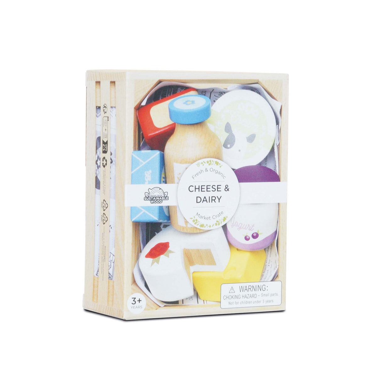 Packaging box for wooden toy cheese and dairy market crate set on a white background.
