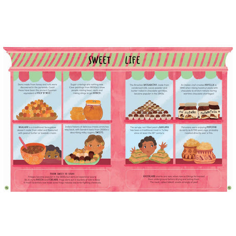 Illustrated book spread titled "Sweet Life" featuring historical facts about candy, desserts, and snacks worldwide.