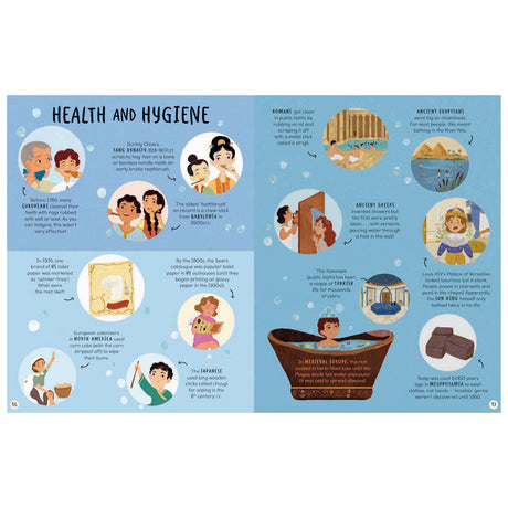 Educational book spread about historical health and hygiene practices with colorful illustrations and facts.