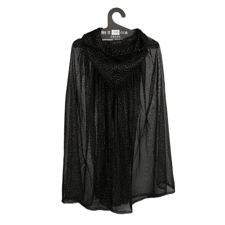 Back view of the black sheer glittery dress-up cape on a black hanger.