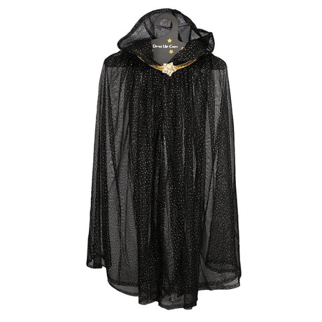Black hooded dress-up cape made of sheer glittery fabric with a gold star clasp.