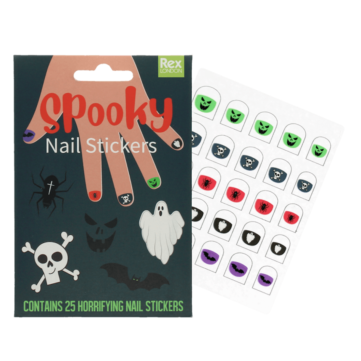 Pack of Halloween nail stickers alongside a sheet of 25 spooky nail decals.