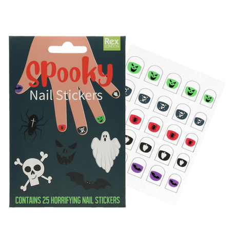 Pack of Halloween nail stickers alongside a sheet of 25 spooky nail decals.