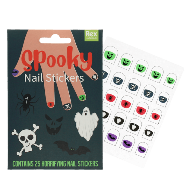 Pack of Halloween nail stickers alongside a sheet of 25 spooky nail decals.