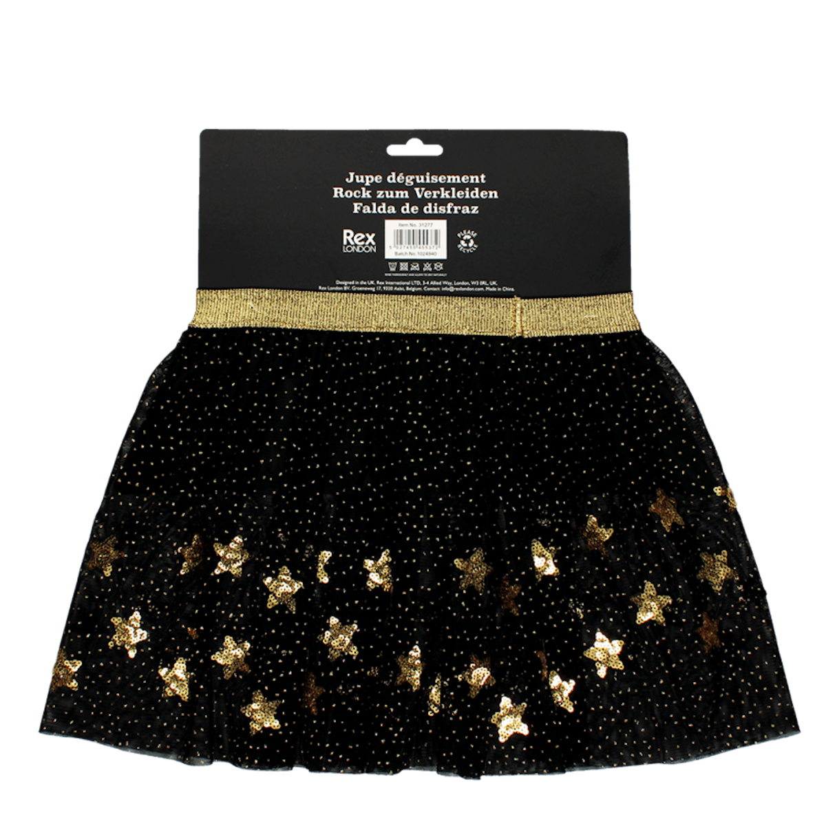 Back view of a black tulle dress-up skirt with a gold elastic waistband and sequin stars.