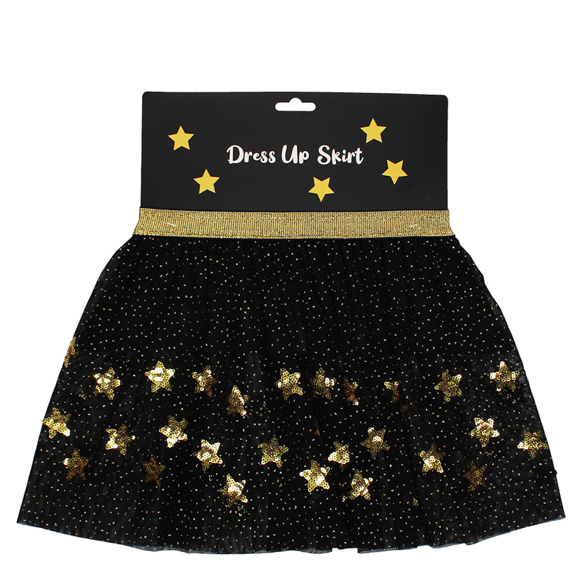Black dress-up tulle skirt with a gold elastic waistband and sparkling gold sequin stars.