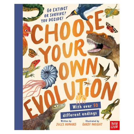 Choose Your Own Evolution book cover by Jules Howard featuring a T-Rex, penguin, and various animals on a cream background.