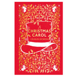 Red book cover of "A Christmas Carol" by Charles Dickens. Features a gold ornate design with holly leaves, candles, and festive motifs, centered around a top hat.