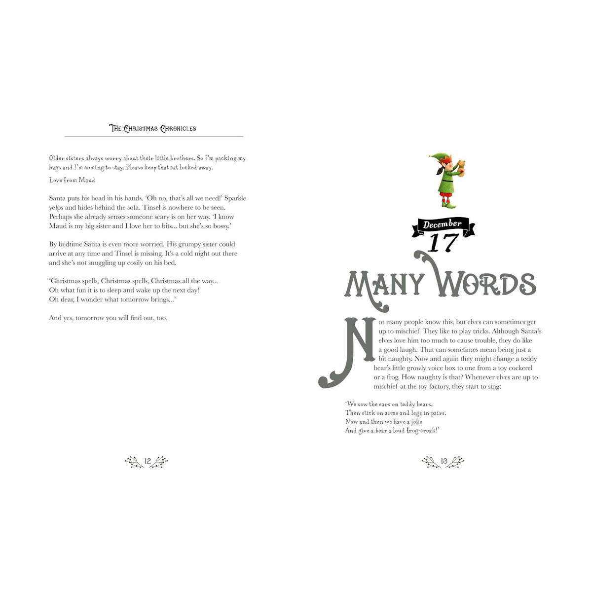 Open pages from The Christmas Chronicles book featuring December 17 chapter "Many Words" with an elf illustration.