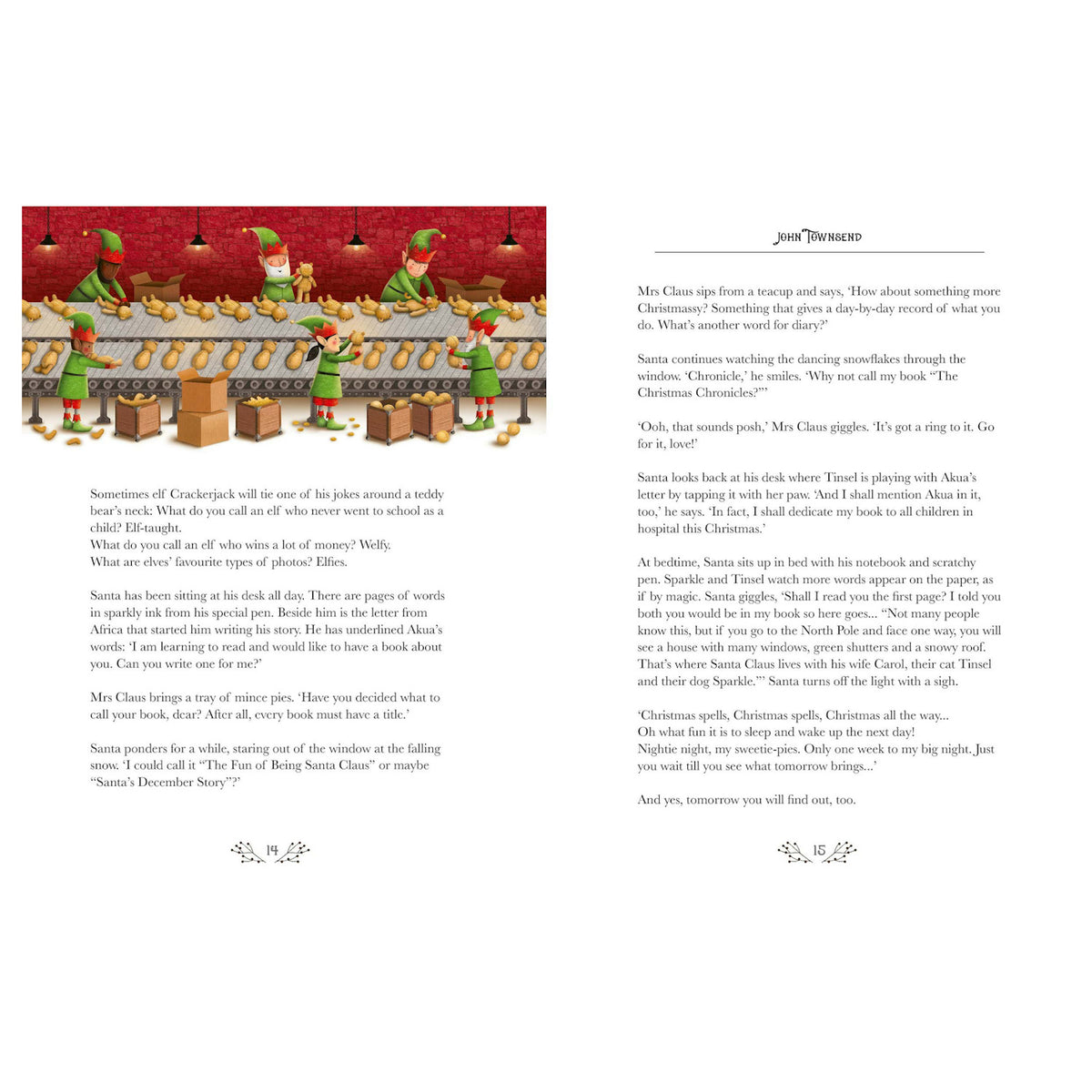Children's book pages showing elves making teddy bears and Santa Claus naming his book "The Christmas Chronicles."