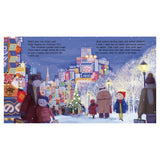 A festive city scene at night with colorful shop signs, white glowing trees, and bustling shoppers. A joyful boy in a red hat looks around, conveying holiday excitement.