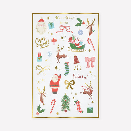 Meri Meri Christmas temporary tattoo sheet packaging with festive holiday designs.