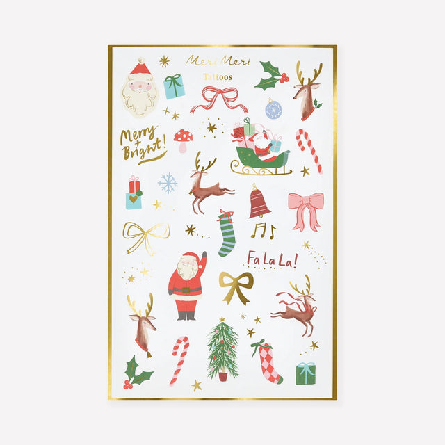 Meri Meri Christmas temporary tattoo sheet packaging with festive holiday designs.