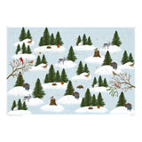Winter woodland advent calendar featuring numbered doors, snowy hills, pine trees, and illustrations of arctic animals.