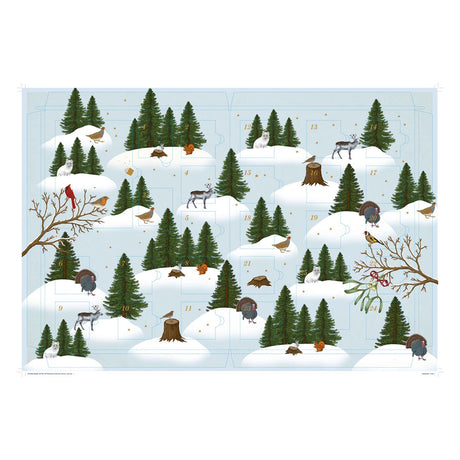Winter woodland advent calendar featuring numbered doors, snowy hills, pine trees, and illustrations of arctic animals.