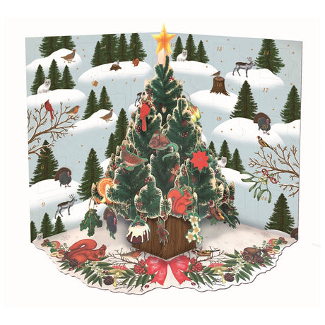 Pop-up Christmas tree advent calendar featuring winter animals, birds, and forest greenery in a snowy landscape.