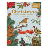 Christmas Pop-Up Advent Calendar book cover featuring winter birds, a squirrel, and botanical illustrations.